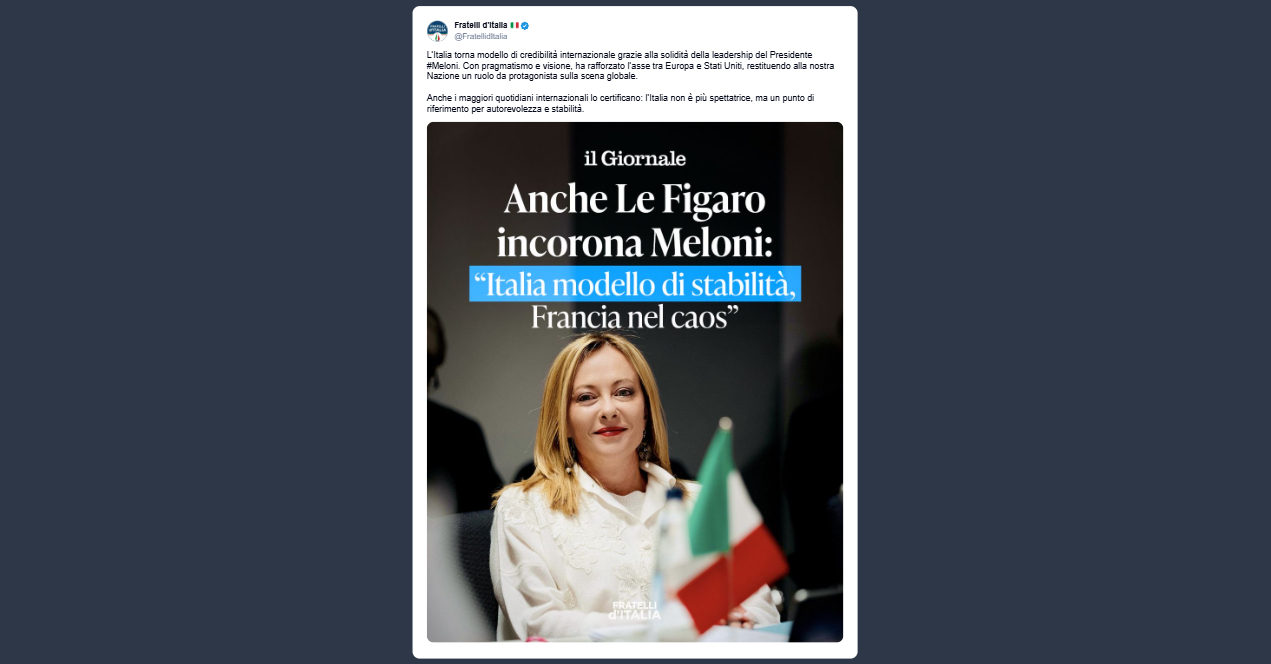 Fratelli d’Italia: Italia torna ad essere un modello di credibilità internazionale