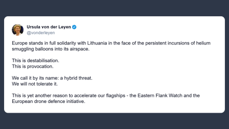 Von der Leyen: Ue esprime piena solidarietà alla Lituania per le continue violazioni del suo spazio aereo