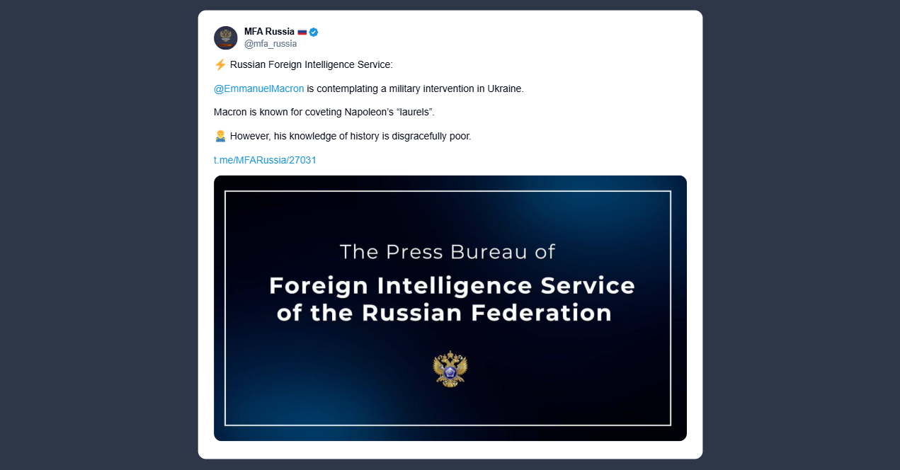 Ministero Esteri russo: Macron starebbe valutando un intervento militare in Ucraina.