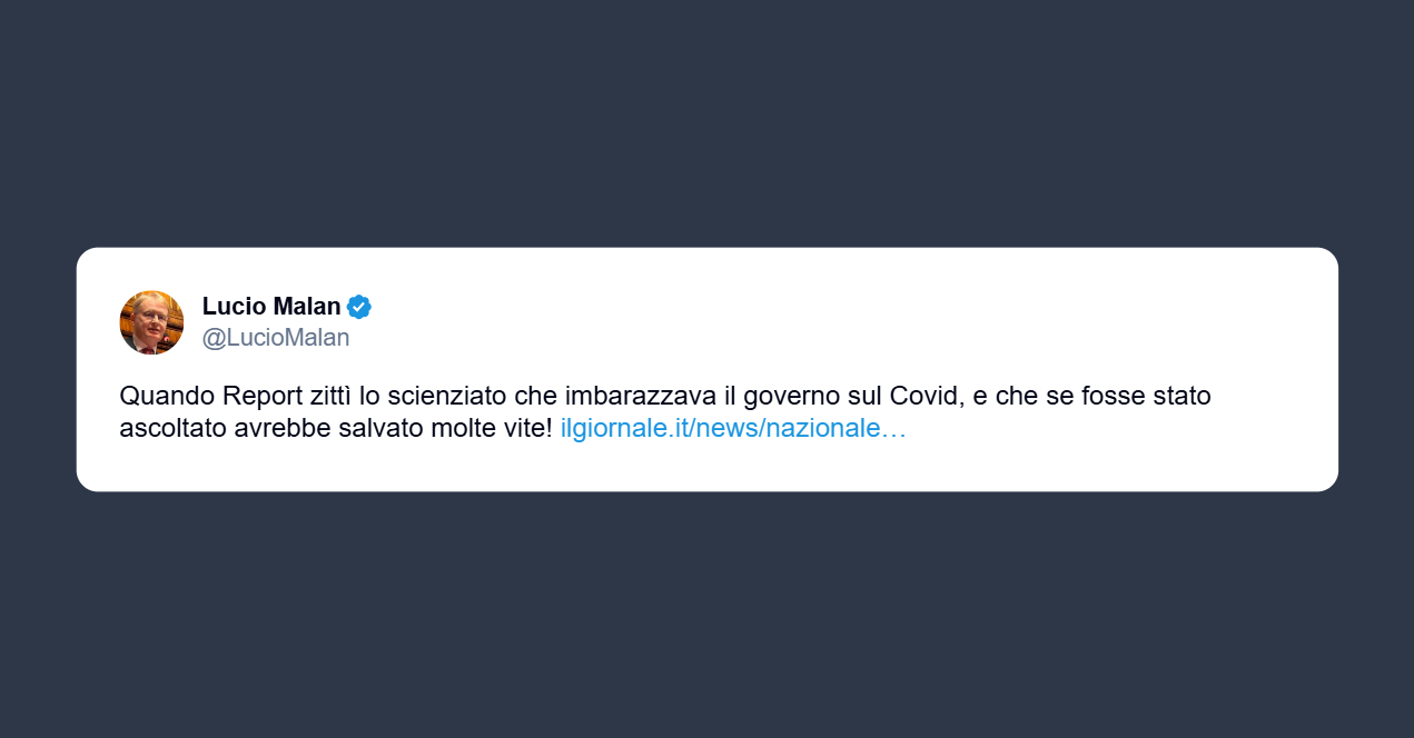 Malan sull’articolo il Giornale: Report zittì lo scienziato che imbarazzava il Governo sul Covid