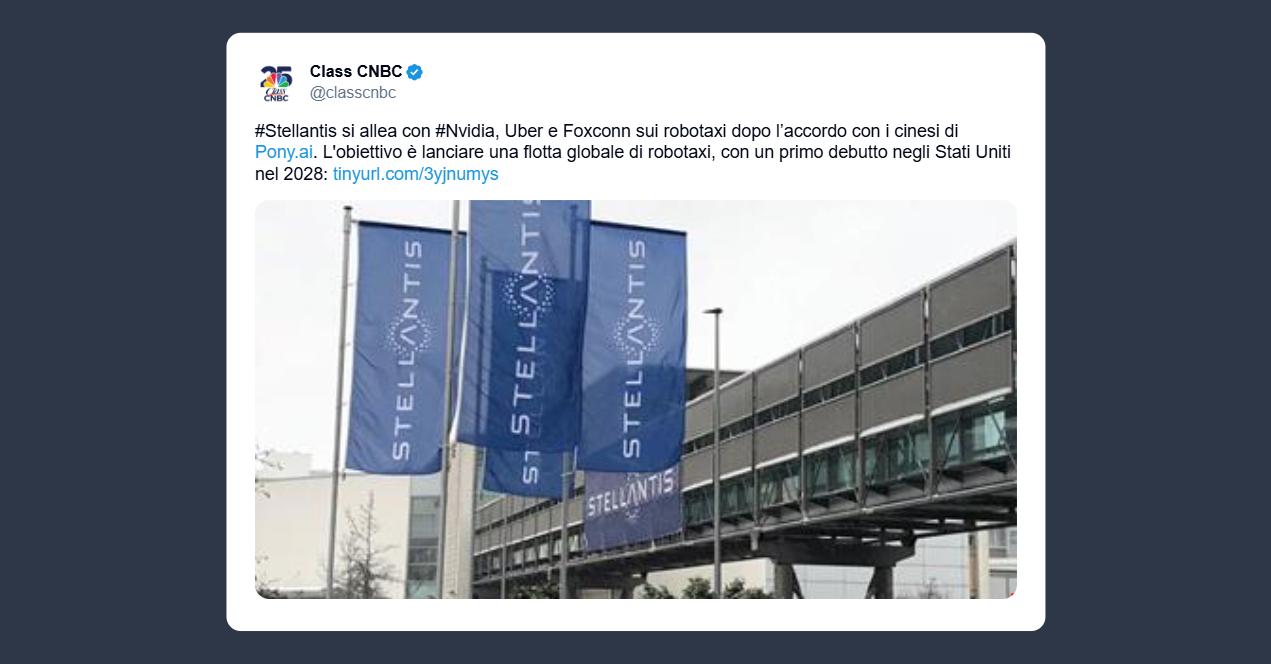Class Cnbc: Stellantis si allea con Nvidia, Uber e Foxconn sui robotaxi