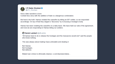 Nadav Shoshani: Hamas ha violato il cessate il fuoco uccidendo un soldato delle Forze di Difesa israeliane, quindi abbiamo reagito di conseguenza