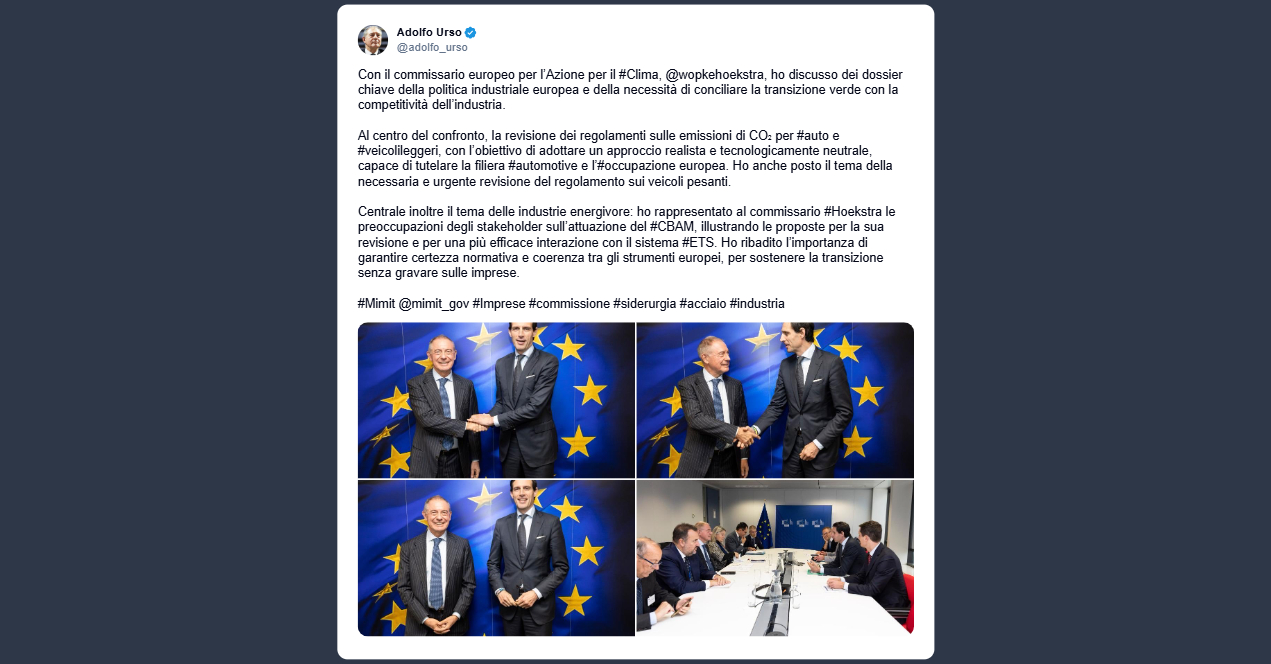 Urso: adottare un approccio realista e tecnologicamente neutrale capace di tutelare la filiera automotive e l’occupazione europea