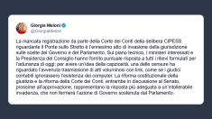 Meloni: ennesima invasione di campo della magistratura vuole bloccare il ponte sullo Stretto