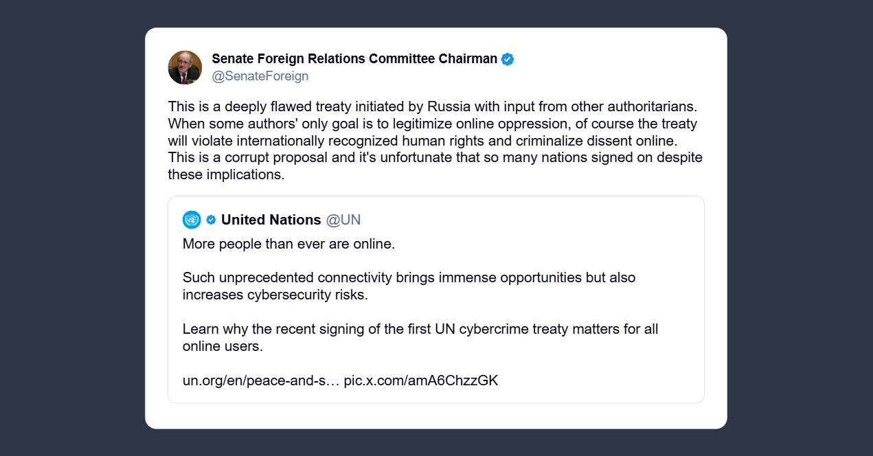 Jim Risch: trattato Onu sui crimini informatici avviato dalla Russia e altri regimi per legittimare l’oppressione online