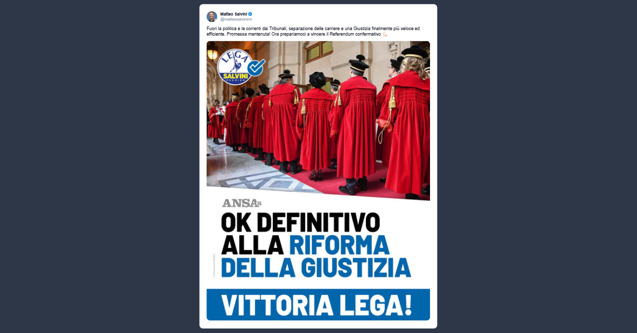 Salvini: separazione delle carriere e una Giustizia finalmente più veloce ed efficiente