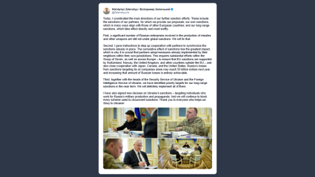 Zelensky: ho coordinato le principali linee d’azione per i nostri prossimi sforzi in materia di sanzioni