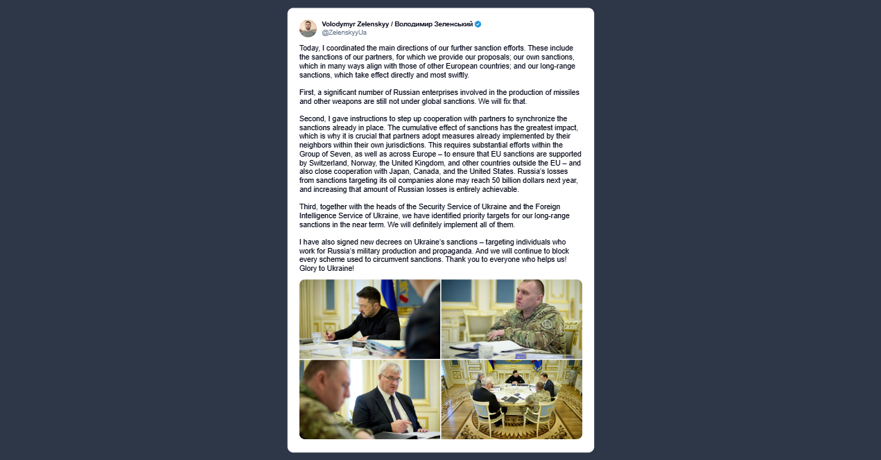 Zelensky: ho coordinato le principali linee d’azione per i nostri prossimi sforzi in materia di sanzioni