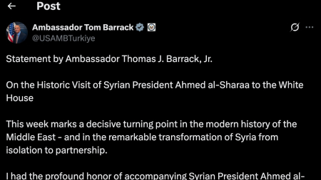 Barrack sulla visita del presidente siriano Ahmed al-Sharaa alla Casa Bianca