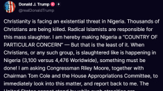 Trump: in Nigeria il cristianesimo è minacciato