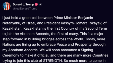 Trump: Kazakhstan primo Paese del mio secondo mandato a entrare negli Accordi di Abramo