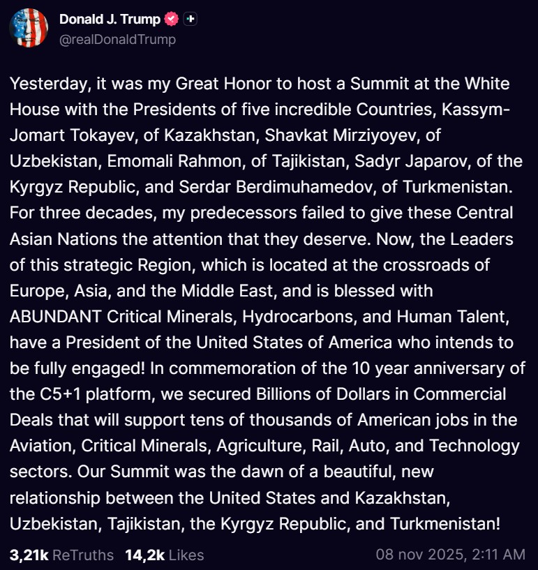 Trump: accordi commerciali per miliardi di dollari con 5 nazioni dell’Asia centrale