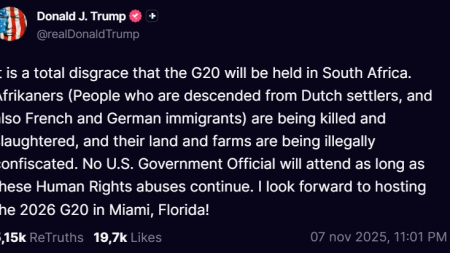 Trump: vergogna assoluta che il G20 si tenga in Sudafrica