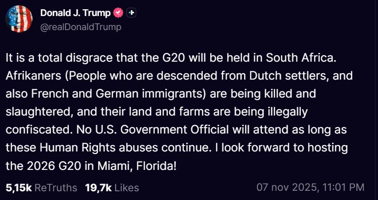 Trump: vergogna assoluta che il G20 si tenga in Sudafrica