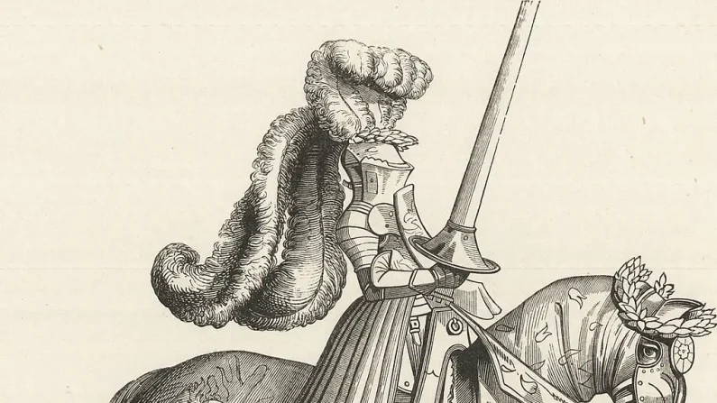 Ilustrazione tratta da un libro del 1870 sulla vita nel Medioevo e nel Rinascimento. Cavaliere del perido rinascimentale con armatura completa. Pubblico dominio