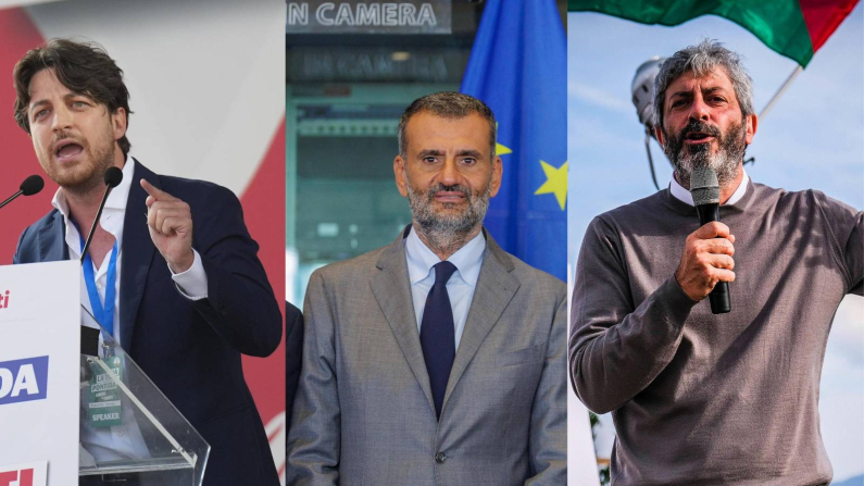 Da sinistra: Alberto Stefani, candidato del centrodestra alle elezioni regionali in Veneto; Antonio Decaro, candidato del centrosinistra alle Regionali in Puglia; Roberto Fico, candidato del centrosinistra alle Regionali in Campania.