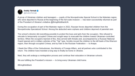 Andriy Yermak: i bambini ucraini deportati in Russia sono tornati a casa