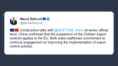 Sefcovic: la Cina conferma la sospensione dei controlli alle esportazioni anche per l’Ue