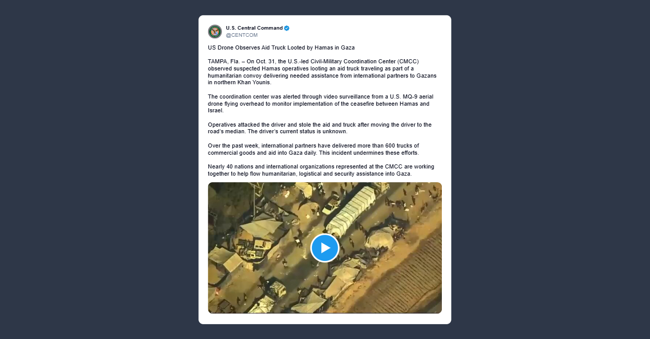 Comando centrale Usa: Hamas saccheggia camion di aiuti a Gaza