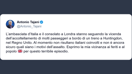Tajani su accoltellamento in un treno Uk: non risultano italiani coinvolti Vicinanza al popolo inglese