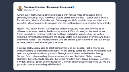 Zelensky: ieri attacco russo con 1500 droni, 1170 bombe e 70 missili