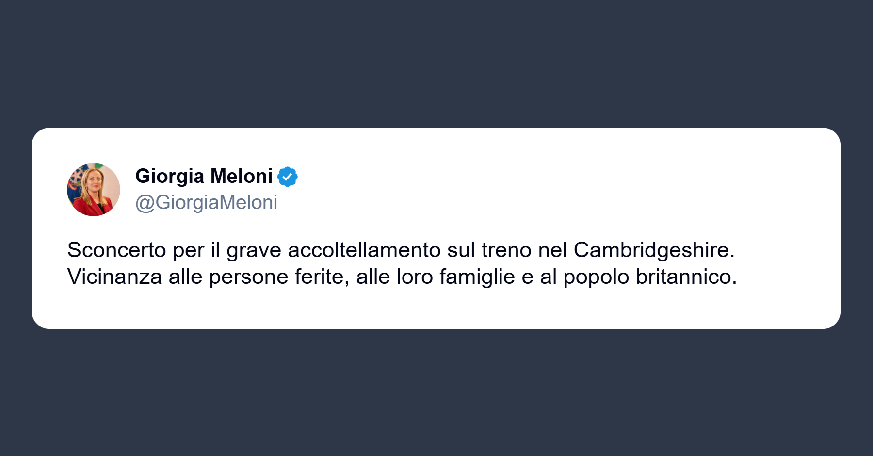 Meloni: sconcertata per il grave accoltellamento sul treno del Cambridgeshire