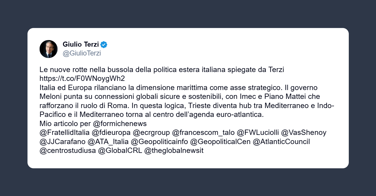 Terzi: Governo Meloni punta su connessioni globali sicure e sostenibili