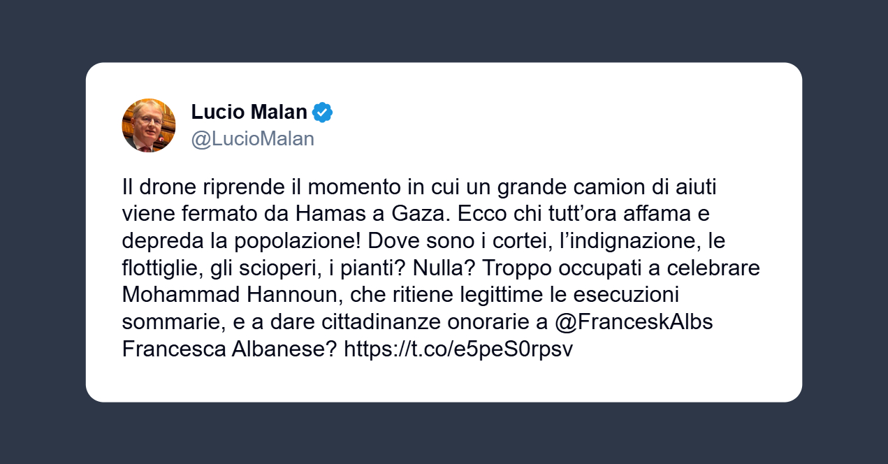 Malan: chi tutt’ora affama e depreda la popolazione di Gaza è Hamas