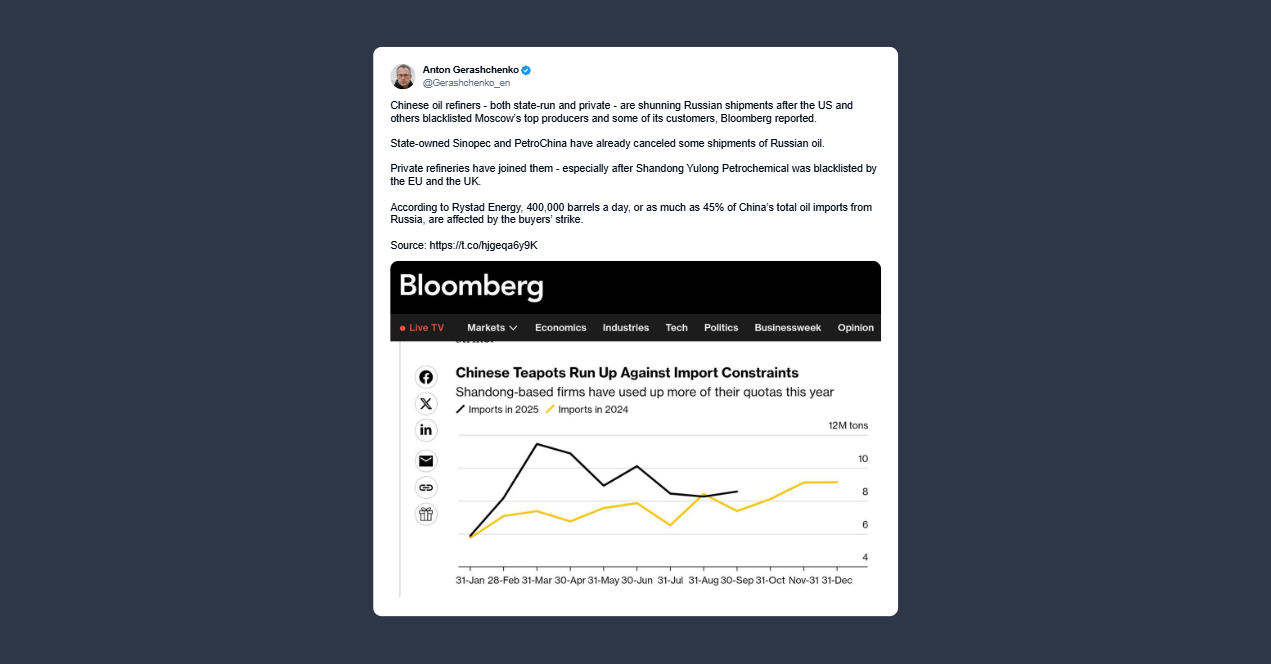 Gerashchenko: raffinerie petrolifere cinesi evitano le forniture russe
