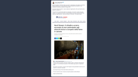 Detenuto ucraino accusato degli attentati ai gasdotti nord Stream ha proclamato lo sciopero della fame