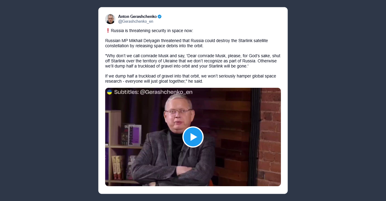 Gerashchenko: la Russia potrebbe distruggere i satelliti Starlink rilasciando detriti spaziali