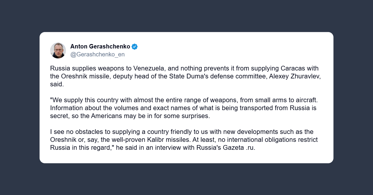 Gerashchenko: la Russia fornisce armi al Venezuela