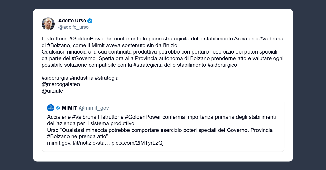Urso: confermata la strategicità delle Acciaierie Valbruna di Bolzano