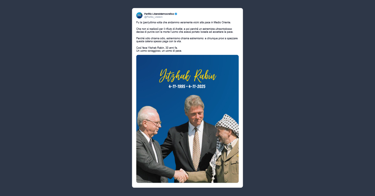 Liberaldemocratici: 30 anni dalla morte di Yitzhak Rabin, un uomo coraggioso e di pace