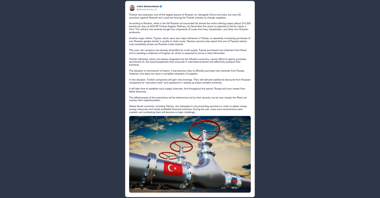 Gerashchenko: la Turchia potrebbe eliminare le importazioni di greggio russo