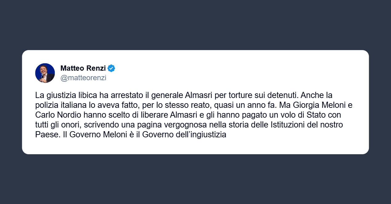Renzi: giustizia libica arresta il generale Almasri per torture sui detenuti