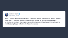 Tajani: aumenti di circa 150€ al mese per 1,2 milioni di lavoratori del comparto scuola