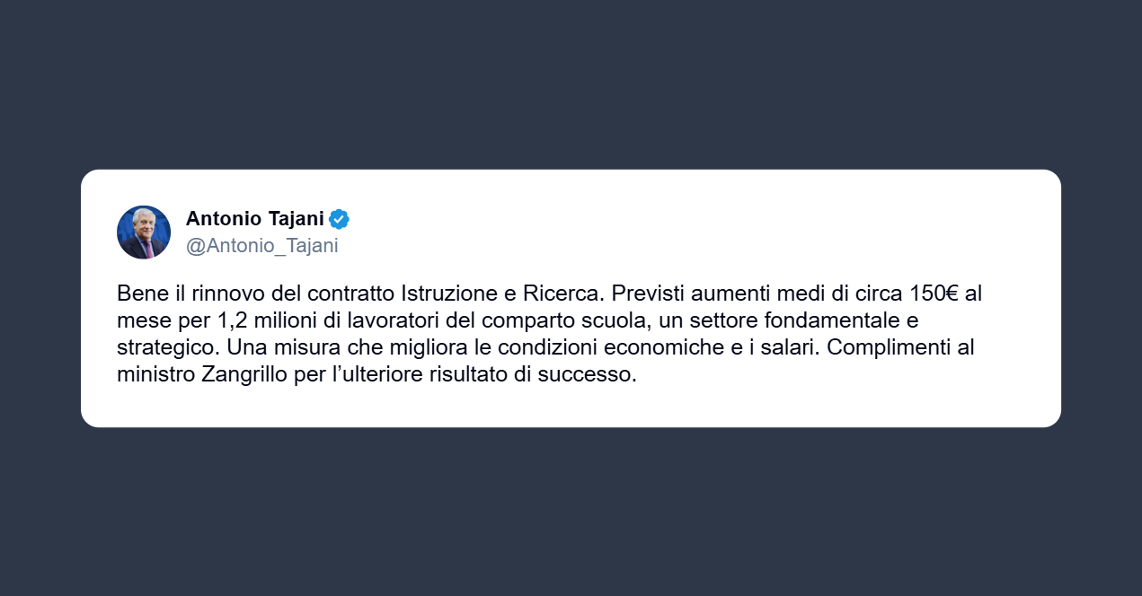 Tajani: aumenti di circa 150€ al mese per 1,2 milioni di lavoratori del comparto scuola