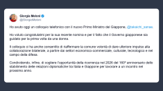 Meloni: colloquio telefonico con il nuovo Primo Ministro del Giappone
