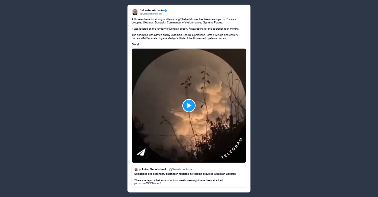 Gerashchenko: distrutta una base russa per lo stoccaggio e il lancio di droni Shahed nel Donetsk