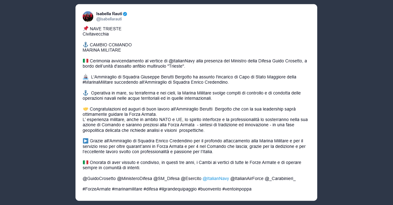 Rauti sulla Cerimonia avvicendamento al vertice della Marina Militare