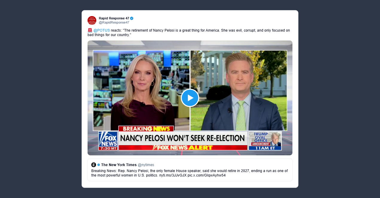 Trump: Il ritiro di Nancy Pelosi è una grande notizia per l’America