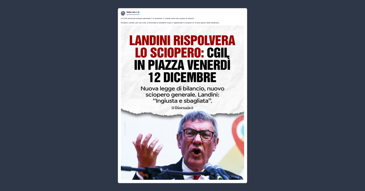 Salvini sullo sciopero generale della Cgil