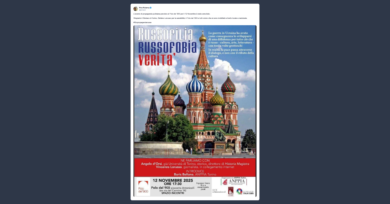 Picierno: annullato evento di propaganda putiniana al Polo del ‘900