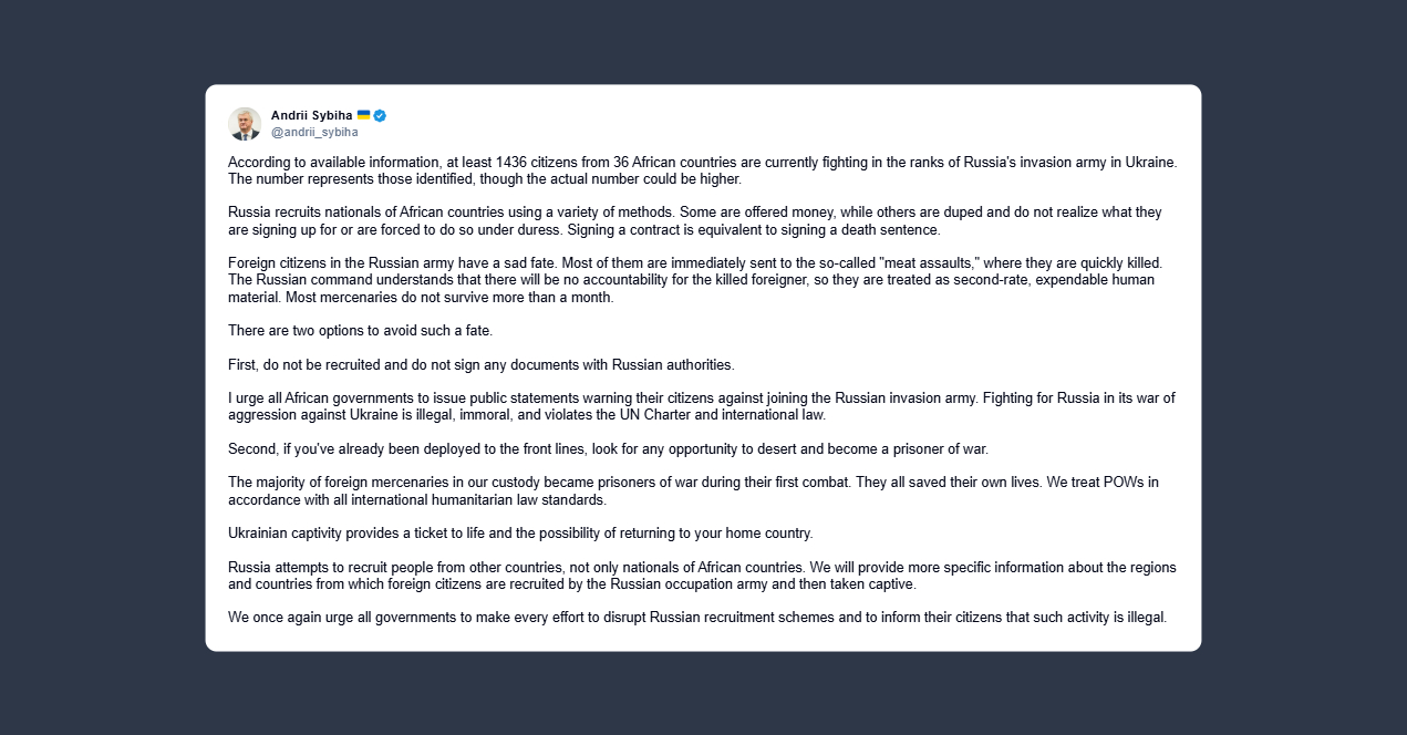 Ministro Esteri ucraino: la Russia recluta cittadini africani