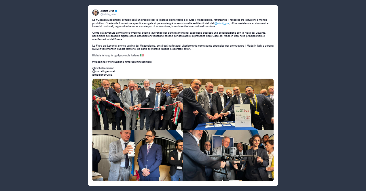 Urso: Bari sarà un presidio per le imprese del territorio e del Mezzogiorno