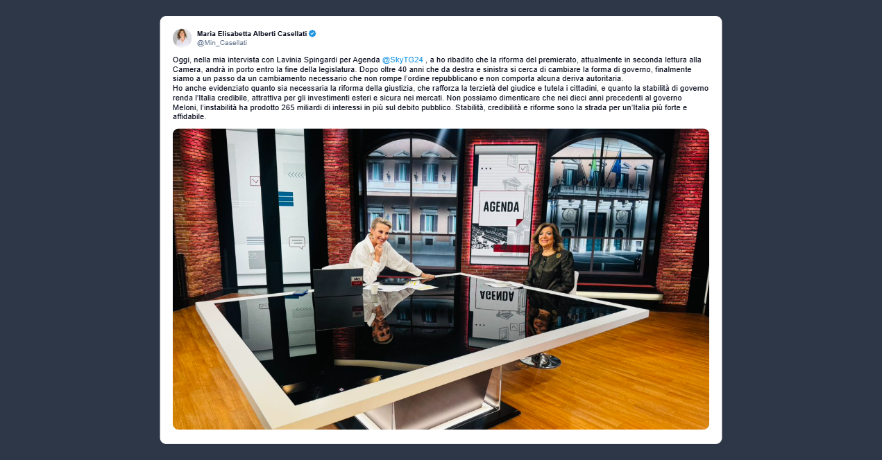 Casellati sulle riforme del Premierato e della Giustizia