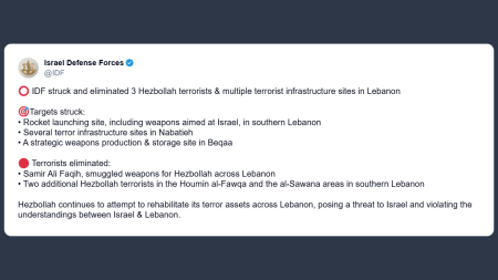 Forze Difesa israeliane: eliminati tre terroristi di Hezbollah e infrastrutture terroristiche