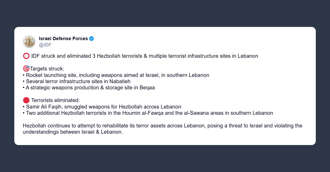 Forze Difesa israeliane: eliminati tre terroristi di Hezbollah e infrastrutture terroristiche