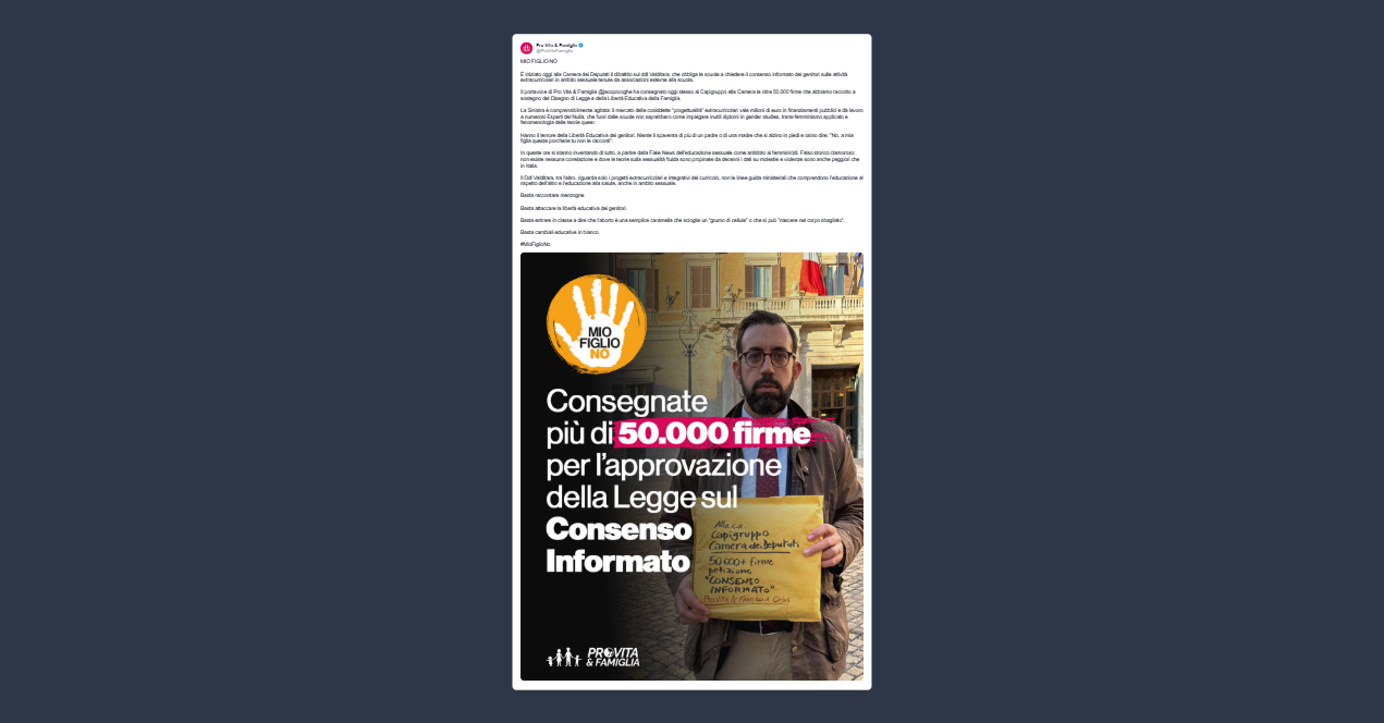 Pro Vita & Famiglia: 50 mila firme a sostegno del Ddl della libertà educativa della famiglia